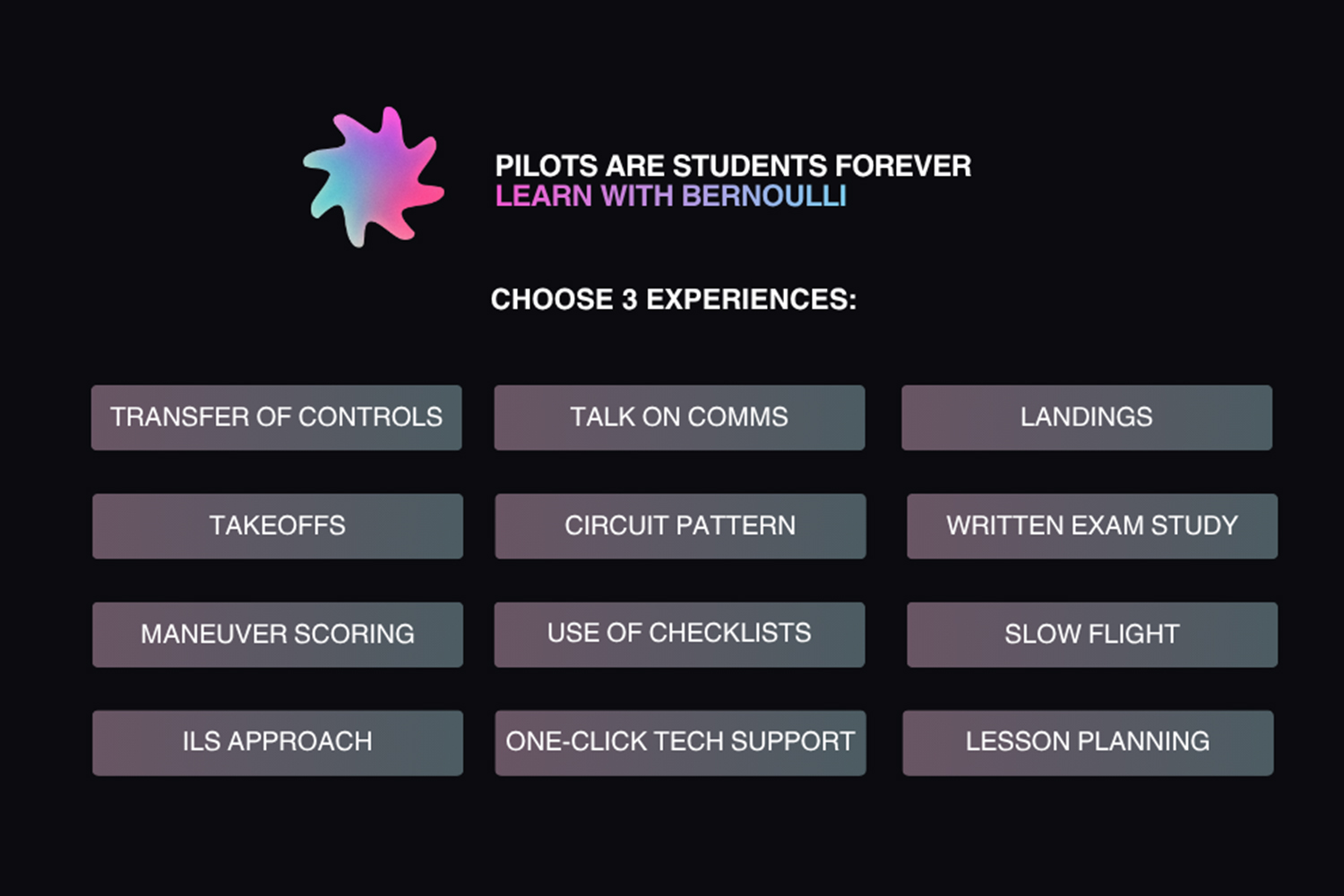 A screenshot from the Bernoulli flight training application.
